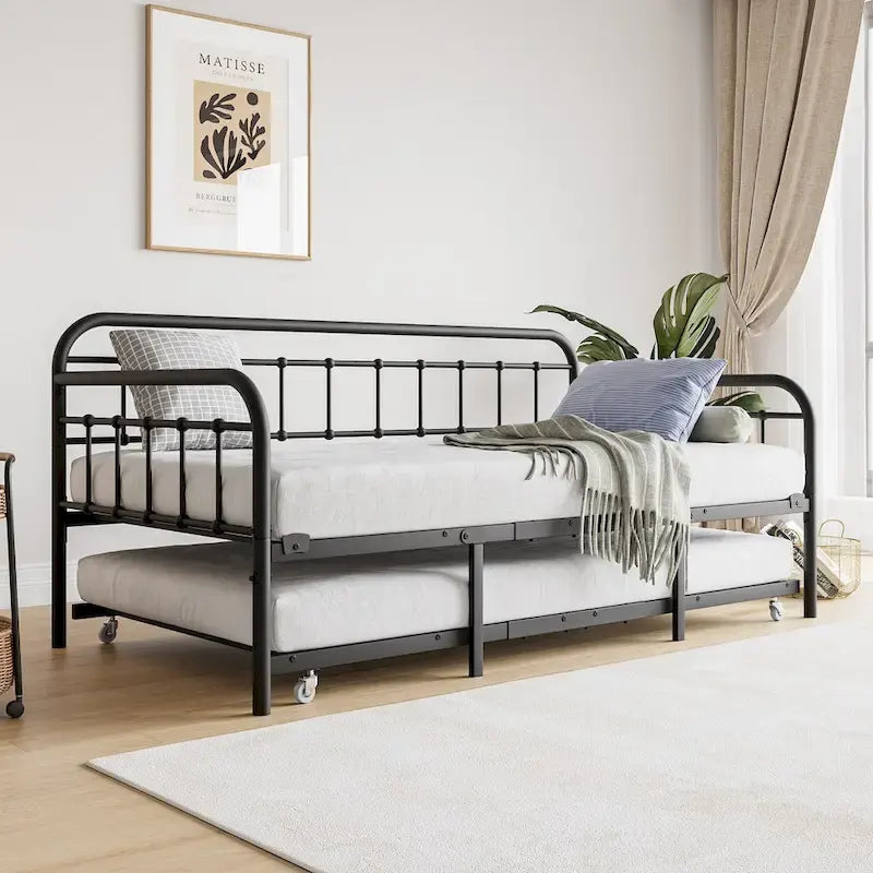 Twin Size Metal Daybed with Trundle and Heavy Duty Steel Slat Support for Bedroom