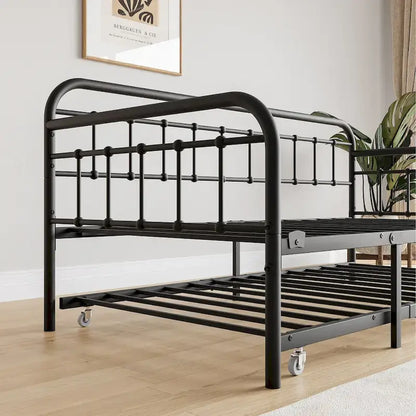 Twin Size Metal Daybed with Trundle and Heavy Duty Steel Slat Support for Bedroom