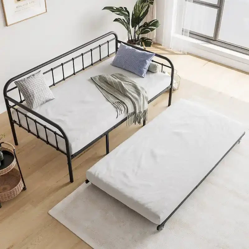Twin Size Metal Daybed with Trundle and Heavy Duty Steel Slat Support for Bedroom
