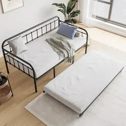 Twin Size Metal Daybed with Trundle and Heavy Duty Steel Slat Support for Bedroom