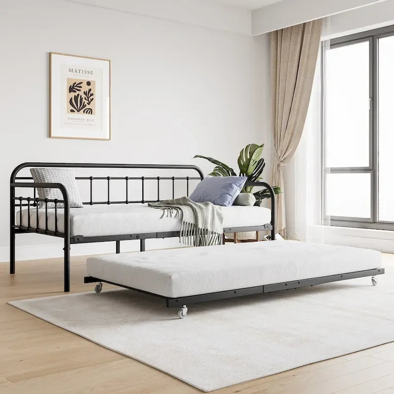 Twin Size Metal Daybed with Trundle and Heavy Duty Steel Slat Support for Bedroom