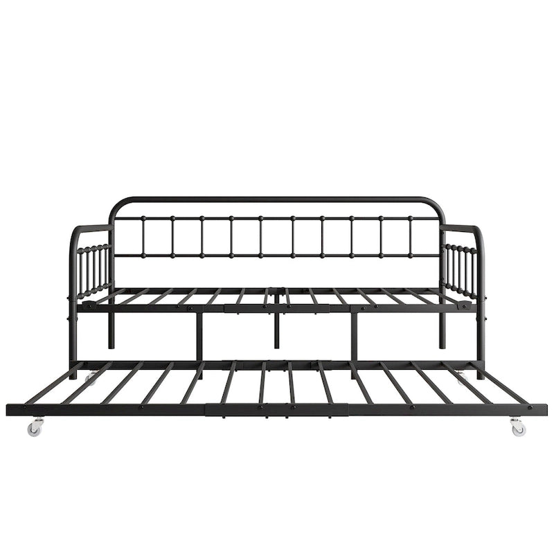 Twin Size Metal Daybed with Trundle and Heavy Duty Steel Slat Support for Bedroom