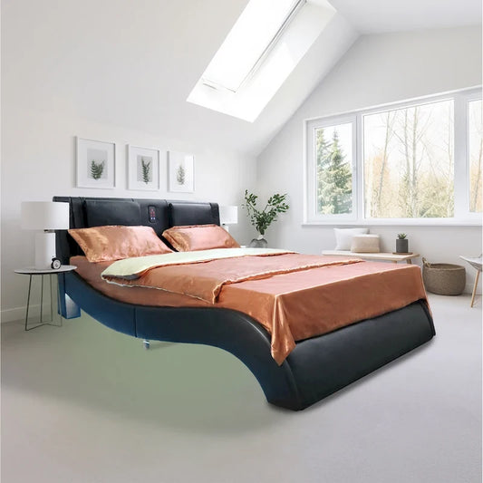 Queen Size Faux Leather Upholstered Platform Bed with LED Lighting and Wood Slat Support