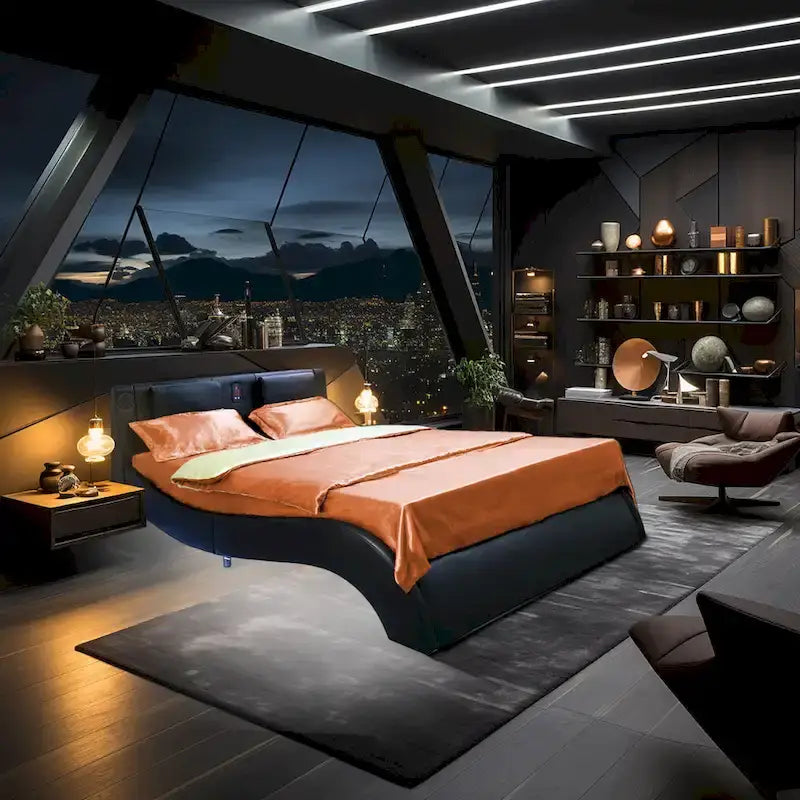 Queen Size Faux Leather Upholstered Platform Bed with LED Lighting and Wood Slat Support