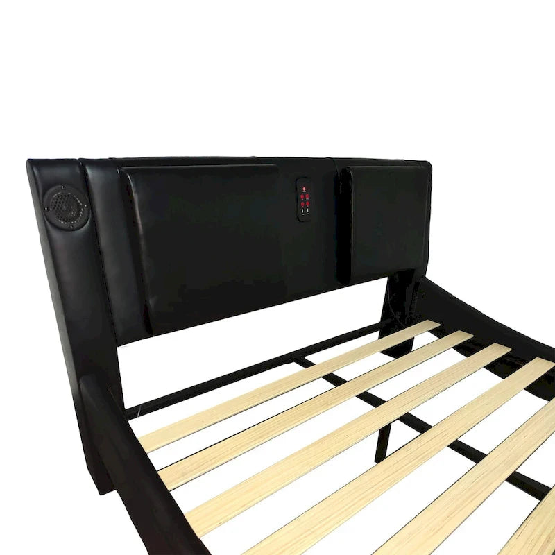 Queen Size Faux Leather Upholstered Platform Bed with LED Lighting and Wood Slat Support