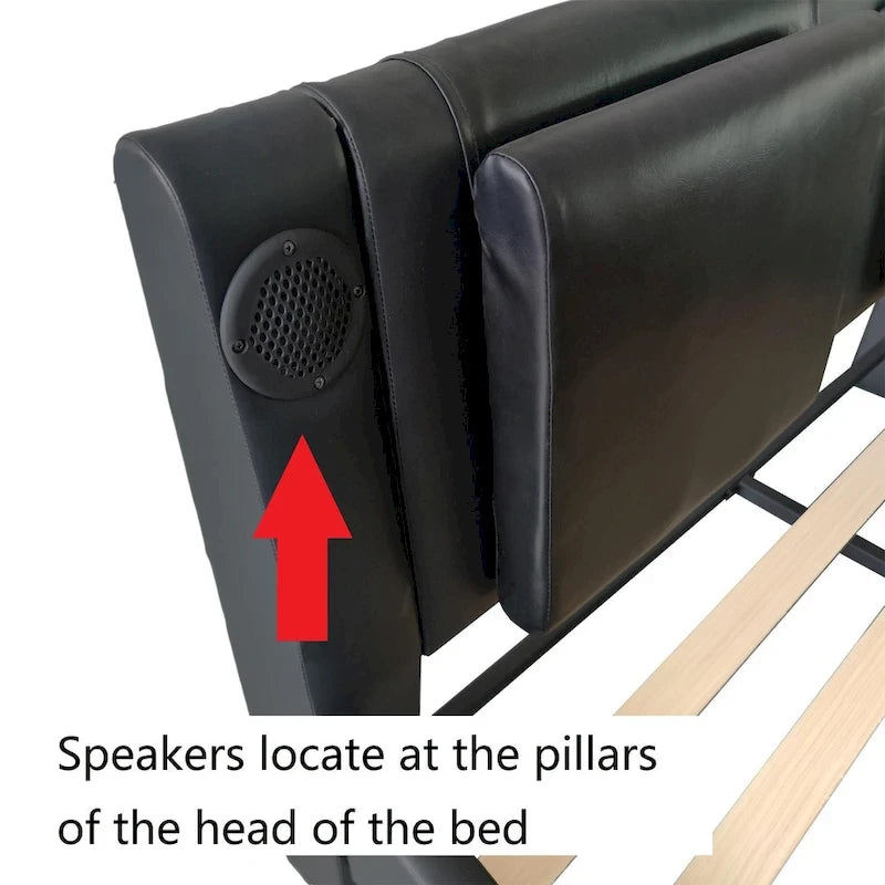 Queen Size Faux Leather Upholstered Platform Bed with LED Lighting and Wood Slat Support