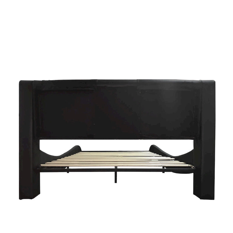 Queen Size Faux Leather Upholstered Platform Bed with LED Lighting and Wood Slat Support