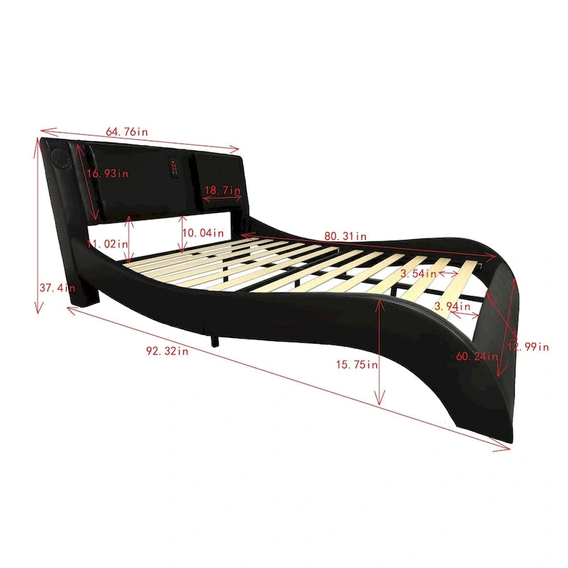 Queen Size Faux Leather Upholstered Platform Bed with LED Lighting and Wood Slat Support