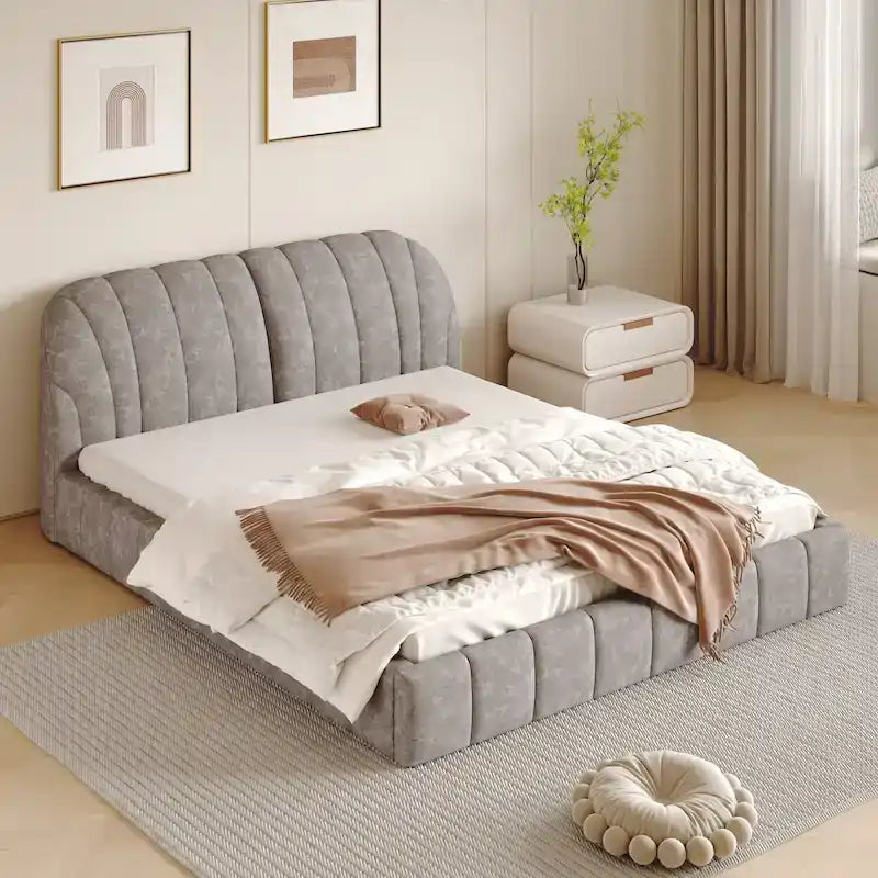 Modern Queen Size Upholstered Bed with Thick Fabric