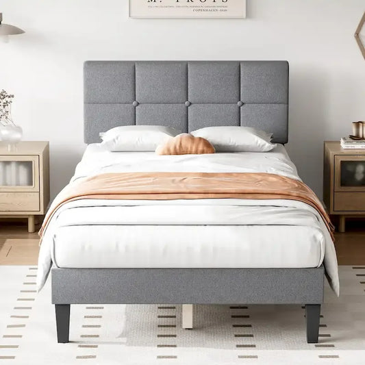 Linen Upholstered Platform Bed with Adjustable Headboard
