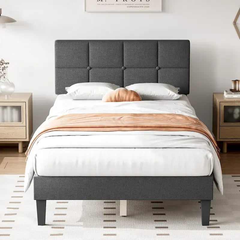 Linen Upholstered Platform Bed with Adjustable Headboard