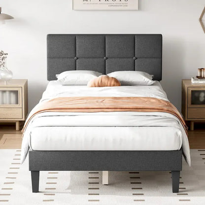 Linen Upholstered Platform Bed with Adjustable Headboard