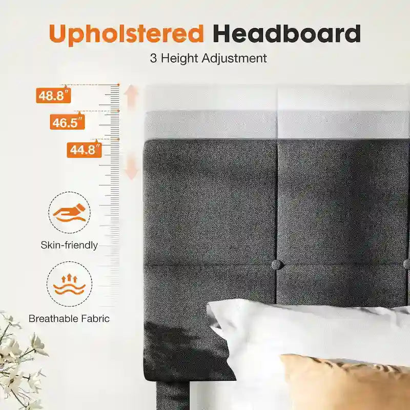 Linen Upholstered Platform Bed with Adjustable Headboard