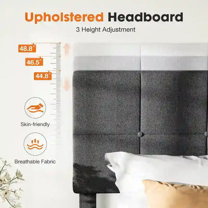 Linen Upholstered Platform Bed with Adjustable Headboard