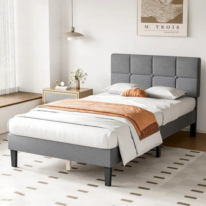 Linen Upholstered Platform Bed with Adjustable Headboard