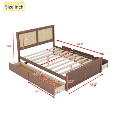 Wood Storage Platform Bed with 4 Drawers and Rattan Headboard