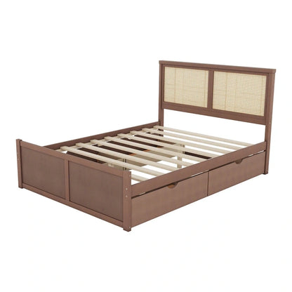 Wood Storage Platform Bed with 4 Drawers and Rattan Headboard