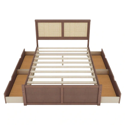 Wood Storage Platform Bed with 4 Drawers and Rattan Headboard