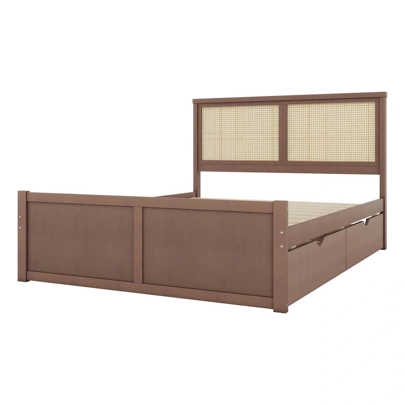Wood Storage Platform Bed with 4 Drawers and Rattan Headboard