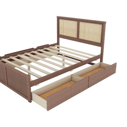 Wood Storage Platform Bed with 4 Drawers and Rattan Headboard