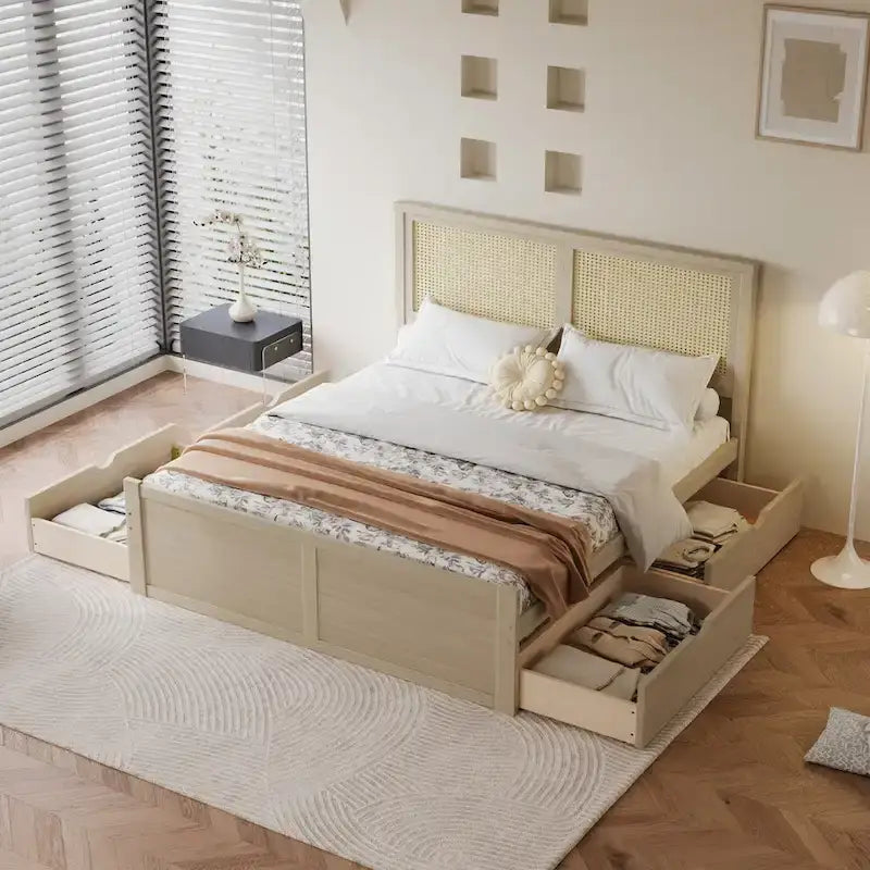 Wood Storage Platform Bed with 4 Drawers and Rattan Headboard