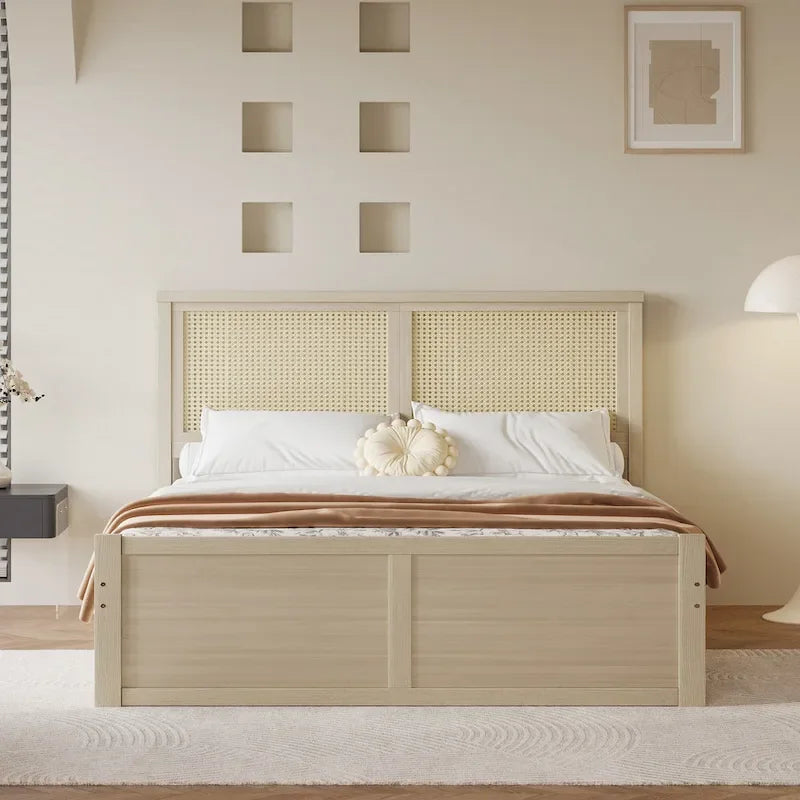 Wood Storage Platform Bed with 4 Drawers and Rattan Headboard