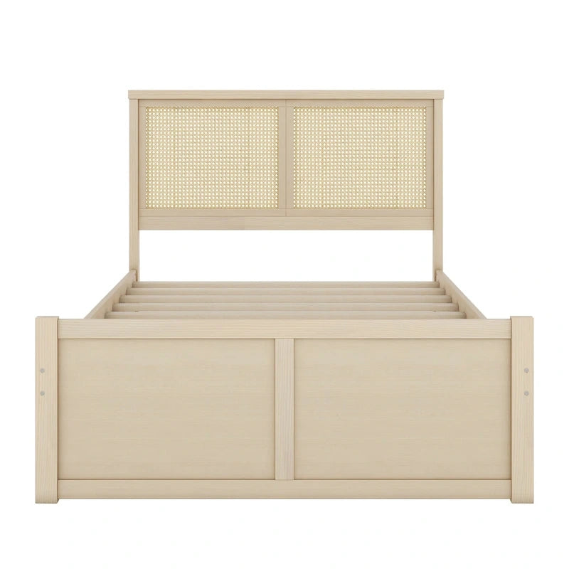 Wood Storage Platform Bed with 4 Drawers and Rattan Headboard