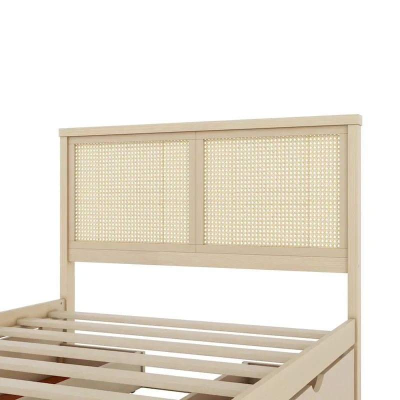 Wood Storage Platform Bed with 4 Drawers and Rattan Headboard