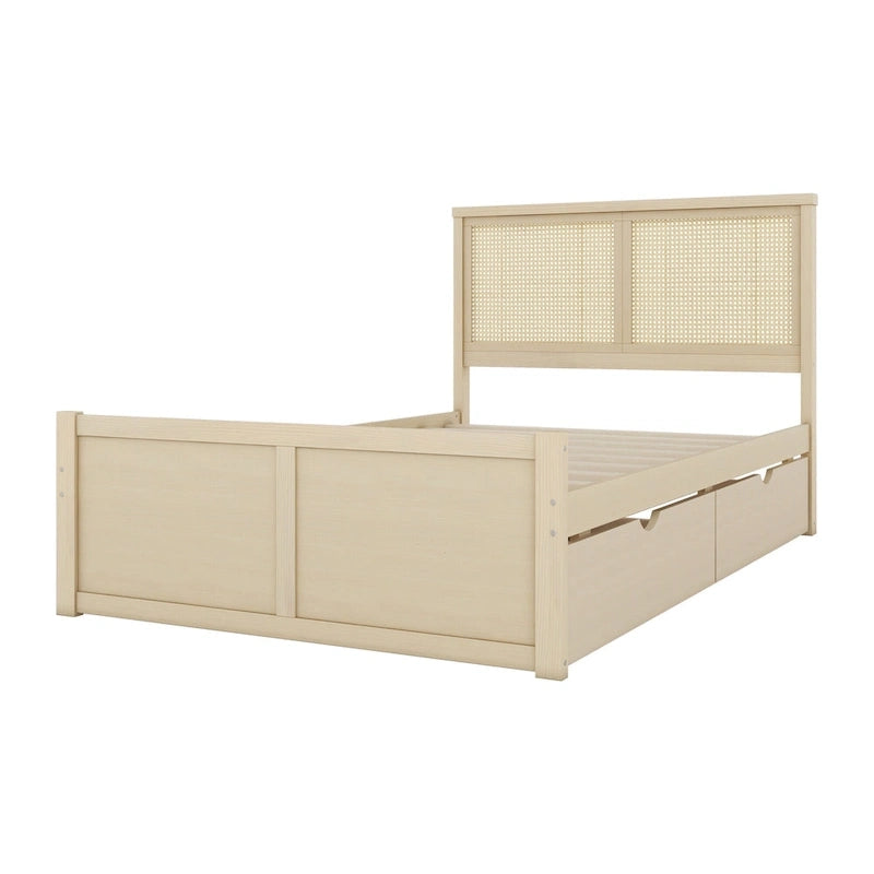 Wood Storage Platform Bed with 4 Drawers and Rattan Headboard