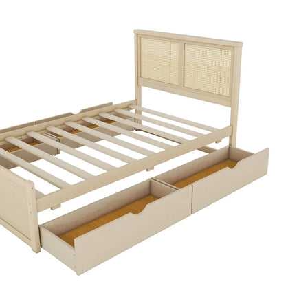 Wood Storage Platform Bed with 4 Drawers and Rattan Headboard