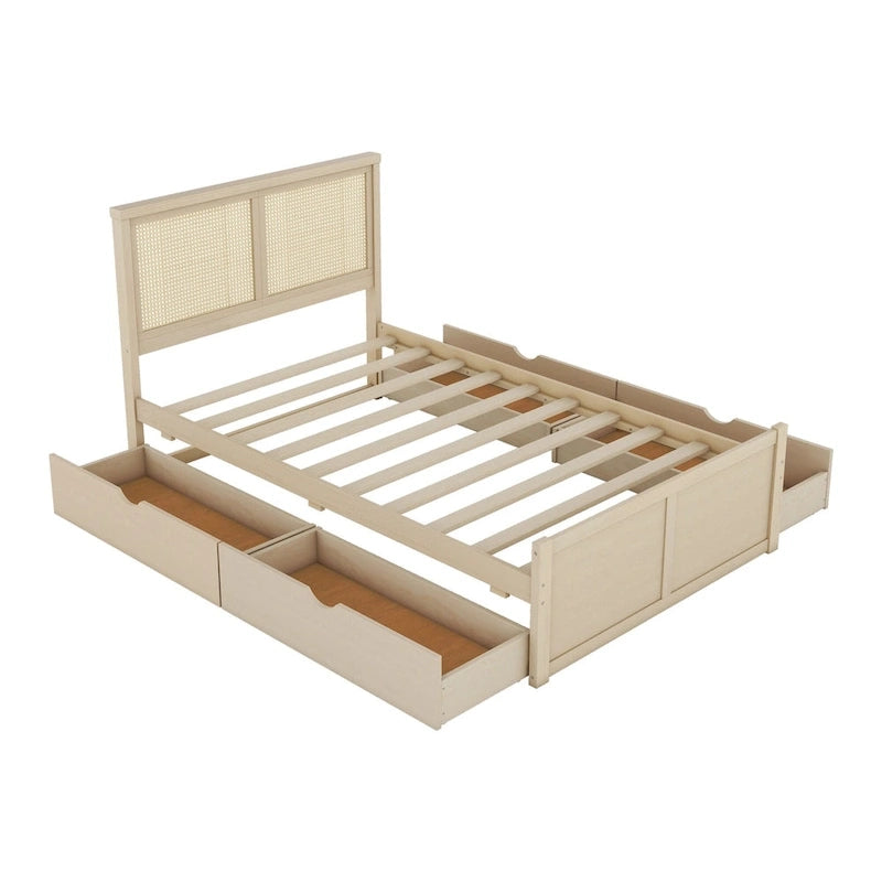 Wood Storage Platform Bed with 4 Drawers and Rattan Headboard