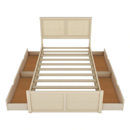 Wood Storage Platform Bed with 4 Drawers and Rattan Headboard