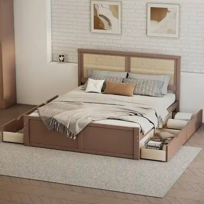 Wood Storage Platform Bed with 4 Drawers and Rattan Headboard