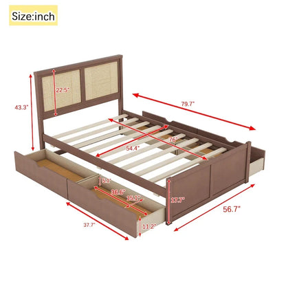 Wood Storage Platform Bed with 4 Drawers and Rattan Headboard