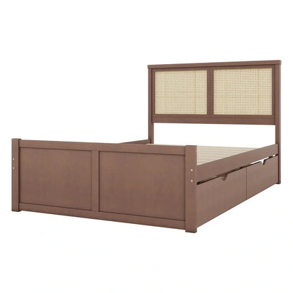 Wood Storage Platform Bed with 4 Drawers and Rattan Headboard