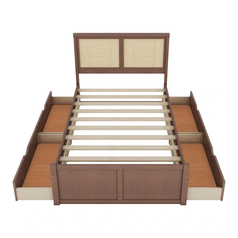 Wood Storage Platform Bed with 4 Drawers and Rattan Headboard