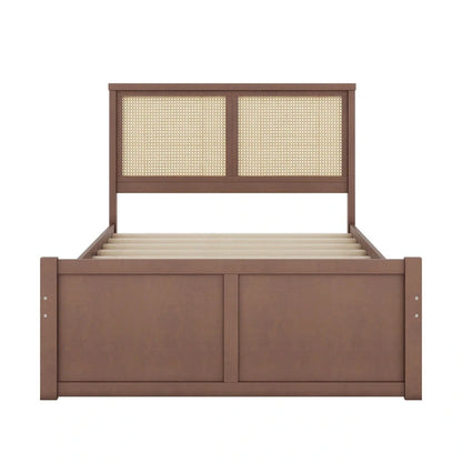 Wood Storage Platform Bed with 4 Drawers and Rattan Headboard