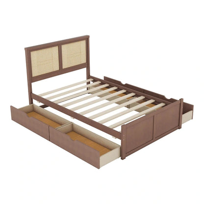 Wood Storage Platform Bed with 4 Drawers and Rattan Headboard