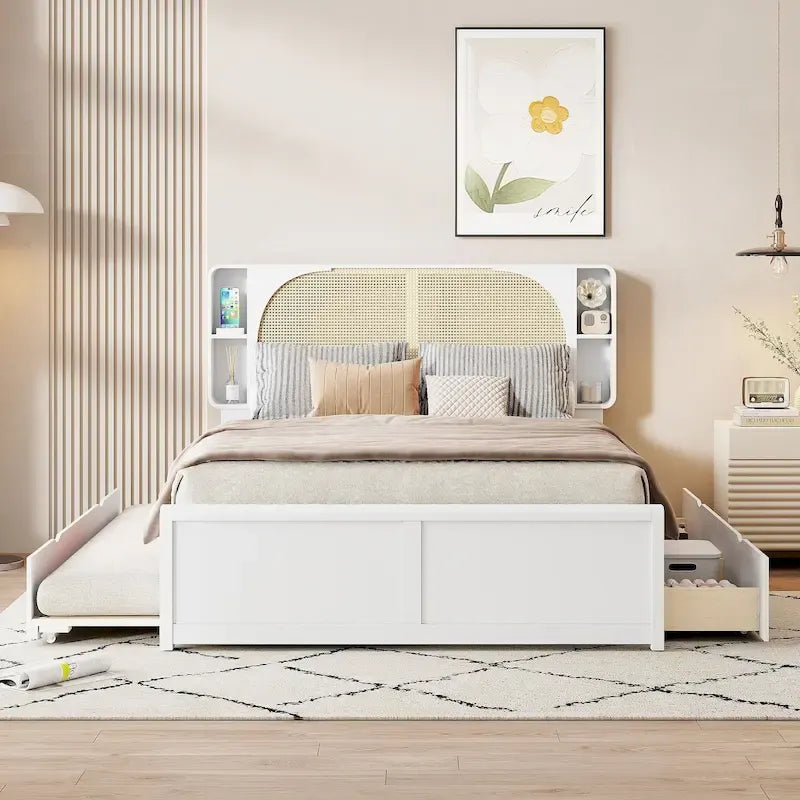 White Queen Size Platform Bed with Rattan Headboard,Two Drawers and Trundle
