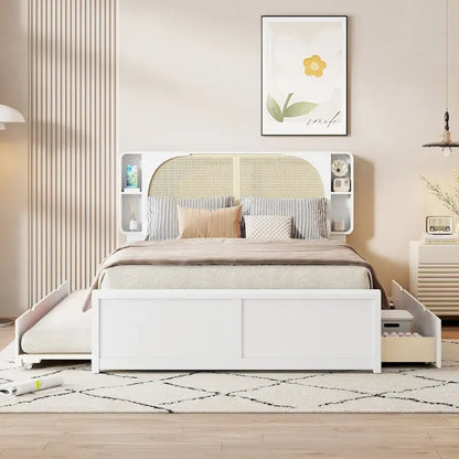 White Queen Size Platform Bed with Rattan Headboard,Two Drawers and Trundle