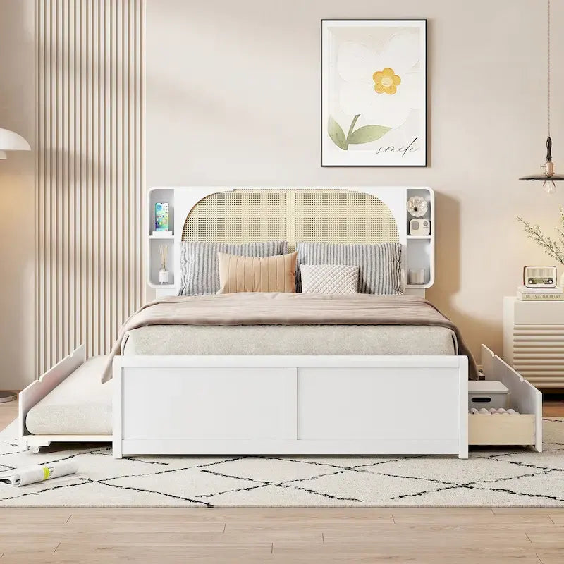 White Queen Size Platform Bed with Rattan Headboard,Two Drawers and Trundle