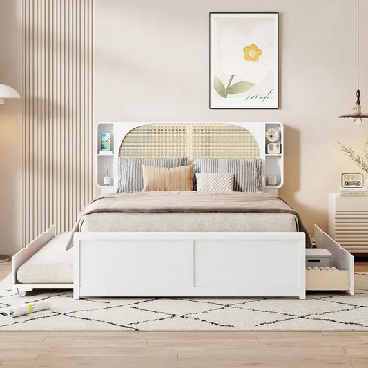 White Queen Size Platform Bed with Rattan Headboard,Two Drawers and Trundle