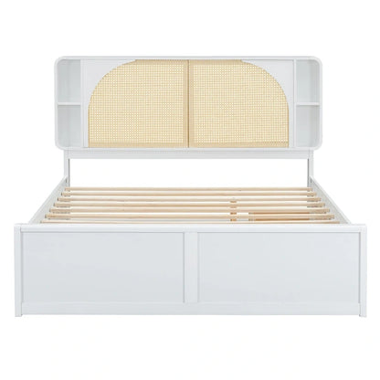 White Queen Size Platform Bed with Rattan Headboard,Two Drawers and Trundle