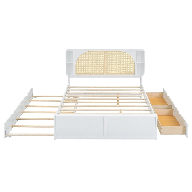 White Queen Size Platform Bed with Rattan Headboard,Two Drawers and Trundle