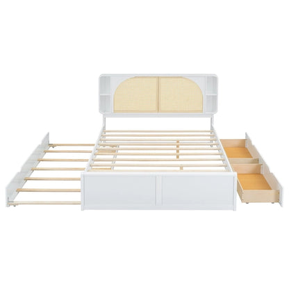 White Queen Size Platform Bed with Rattan Headboard,Two Drawers and Trundle