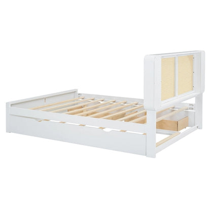 White Queen Size Platform Bed with Rattan Headboard,Two Drawers and Trundle