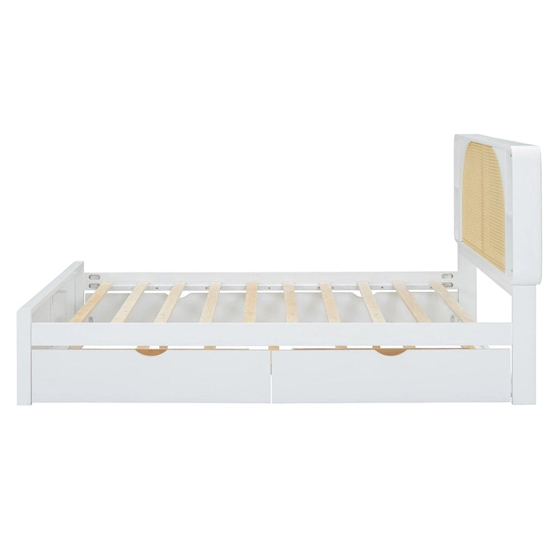 White Queen Size Platform Bed with Rattan Headboard,Two Drawers and Trundle