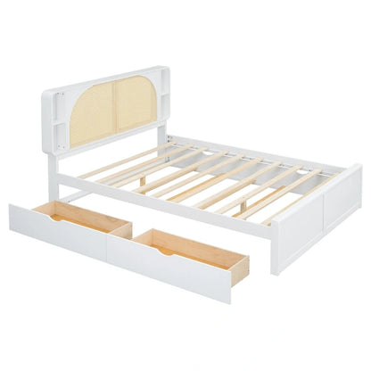 White Queen Size Platform Bed with Rattan Headboard,Two Drawers and Trundle