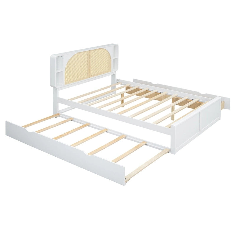 White Queen Size Platform Bed with Rattan Headboard,Two Drawers and Trundle