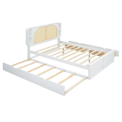 White Queen Size Platform Bed with Rattan Headboard,Two Drawers and Trundle